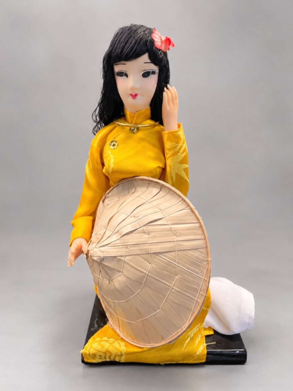 Vintage Vietnamese Woman Doll 8" Yellow Ao Dai Conical Hat Traditional Costume